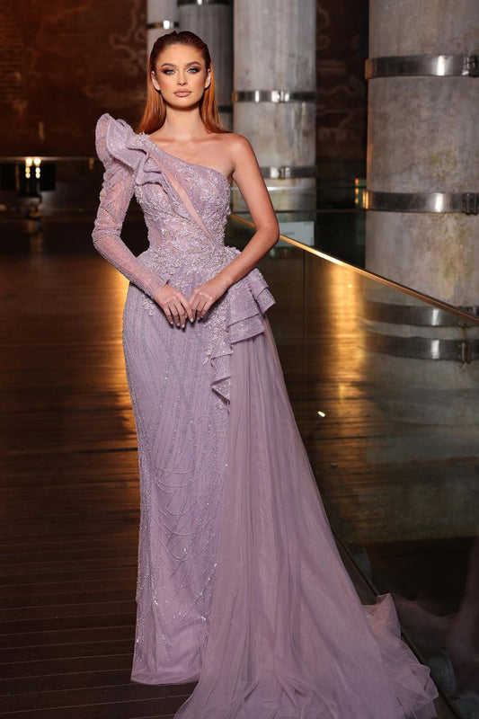 Hermoso vestido de fiesta de un solo hombro, manga larga, lentejuelas, corte A y volantes