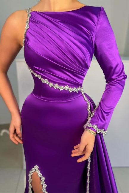 Wunderschönes langes lila A-Linien-Abendkleid mit Pailletten und Schlitz und langen Ärmeln