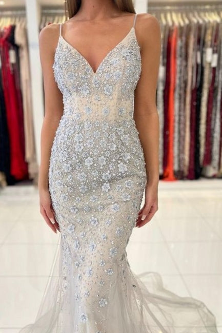 Hermosos vestidos de fiesta de encaje hasta el suelo, sin mangas, con tirantes finos y corte sirena