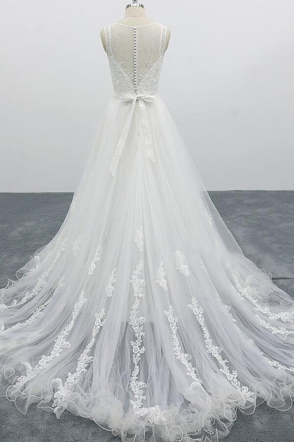 Anmutiges langes rückenfreies A-Linien-Brautkleid aus Tüll mit Applikationen