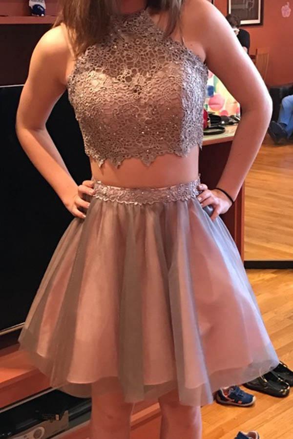 Grey Short Two Piece Halter Homecoming Party Dress with Lace