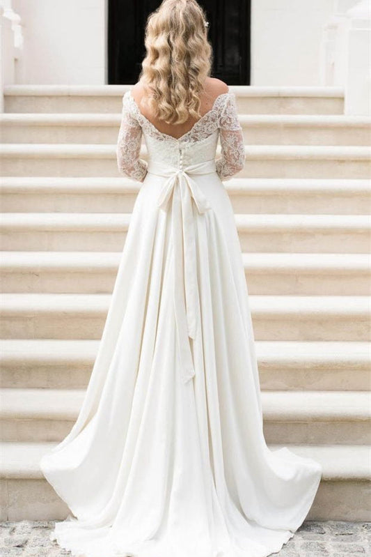 Halbarm Spitzen Brautkleid Off-the-ShoulderV Zurück Bohemian Brautkleid