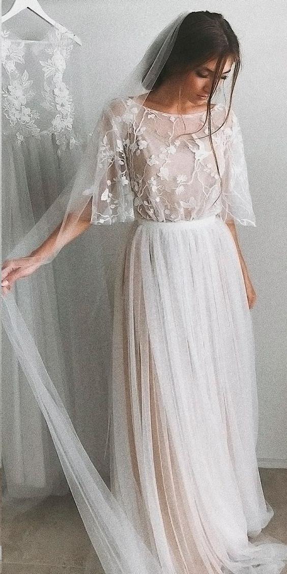 Halbarm Brautkleider A-Linie Elegante Einfache Romantische Spitze Brautkleid