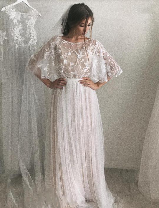 Halbarm Brautkleider A-Linie Elegante Einfache Romantische Spitze Brautkleid