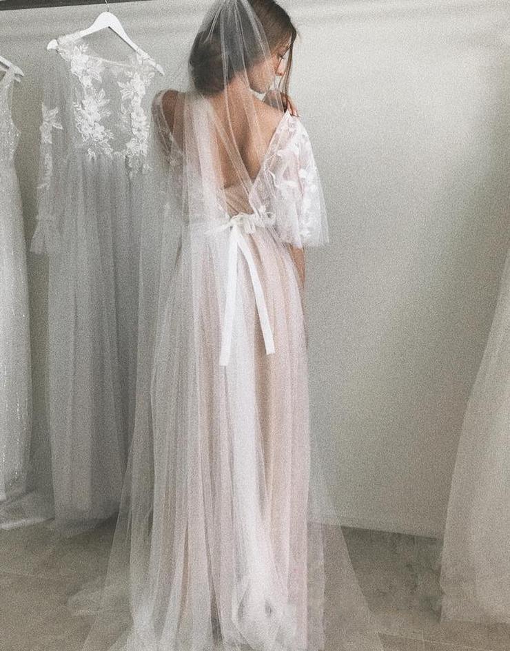 Halbarm Brautkleider A-Linie Elegante Einfache Romantische Spitze Brautkleid