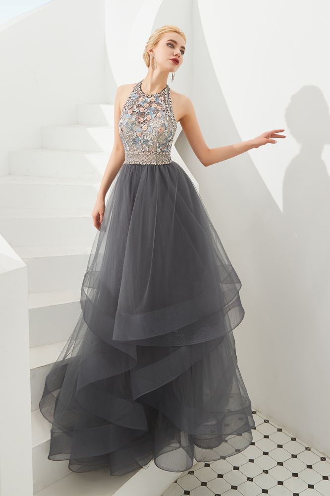 Neckholder Perlenbesatz Aline Tüll Lagen Ballkleid Ärmelloses Abendkleid