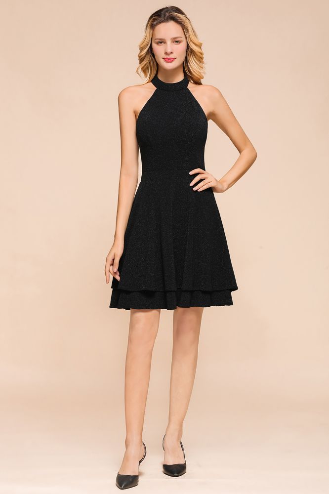 Vestido de noche de seda verde oscuro brillante sin mangas hasta la rodilla con cuello halter