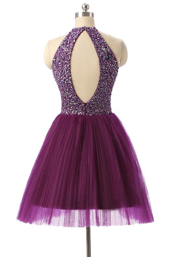 Halter Sleeveless Short Purple Homecoming Dresses Prom Dresses