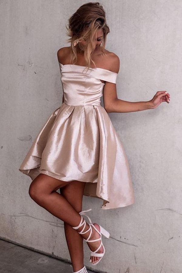 High Low Off-Shoulder Plissee Satin Homecoming Kleid