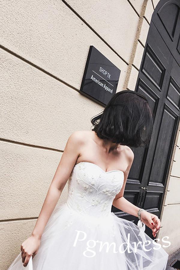 High Low Sweet Heart Tulle Beading Wedding Dresses With Court Train
