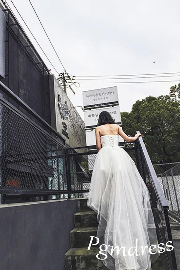 High Low Sweet Heart Tulle Beading Wedding Dresses With Court Train