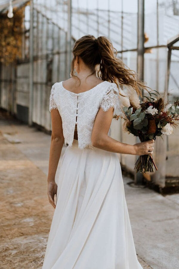 High Low Zweiteiliges Brautkleid aus Satinspitze mit Ärmeln