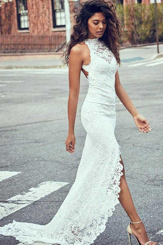 High Neckline Lace Backless Mermaid Wedding Dresses With Court Train