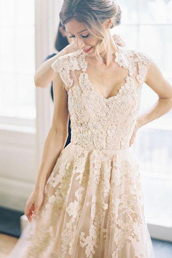 Vestido de novia de alta calidad con escote en V, sin mangas y largo hasta el suelo con encaje