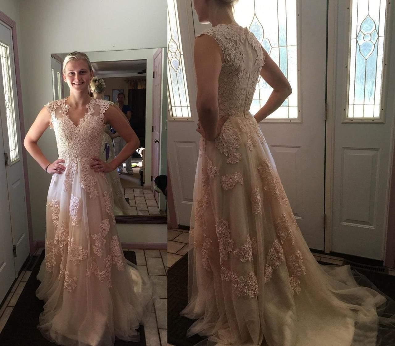 Vestido de novia de alta calidad con escote en V, sin mangas y largo hasta el suelo con encaje