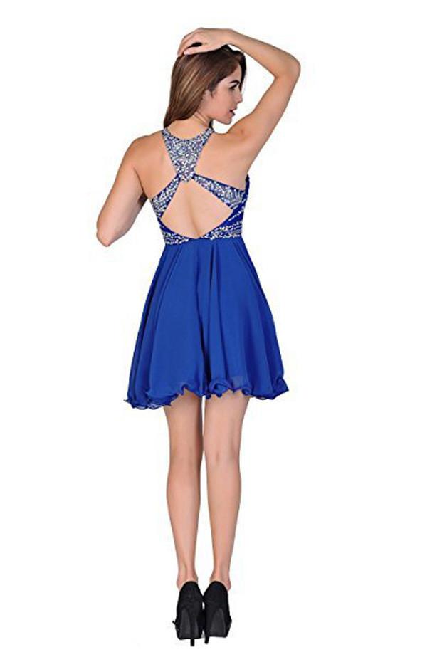 Blaue A-Linie Chiffon Perlen Homecoming Kleider, Kurze Ballkleider
