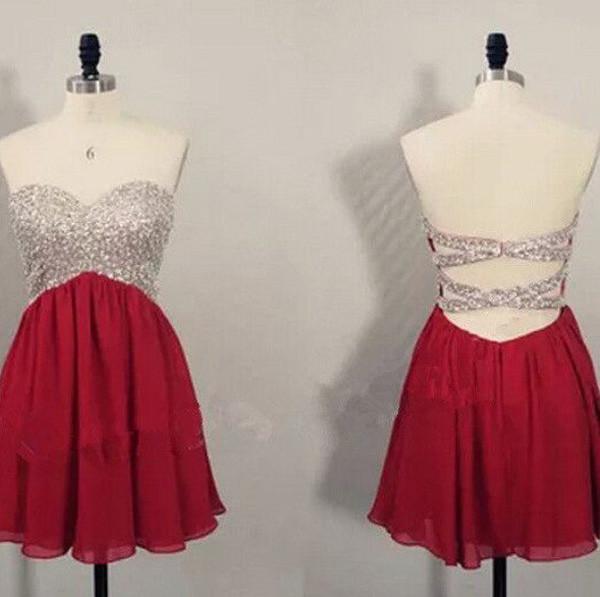 Rote kurze Ballkleider mit offenem Rücken, Perlenbesetztes Heimkehrkleid für Mädchen