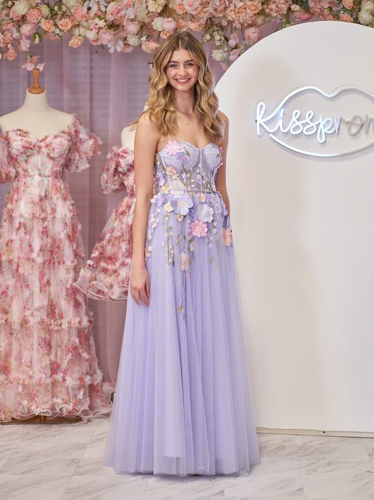 Vestido de fiesta de tul sin tirantes, corte A, con flores 3D