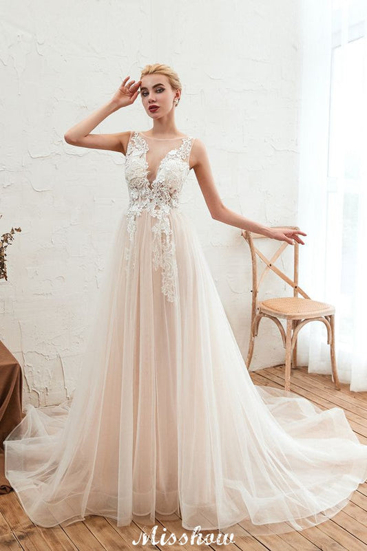 Champagner Brautkleid mit Illusionsausschnitt, ärmellos, Sommer-Brautkleid