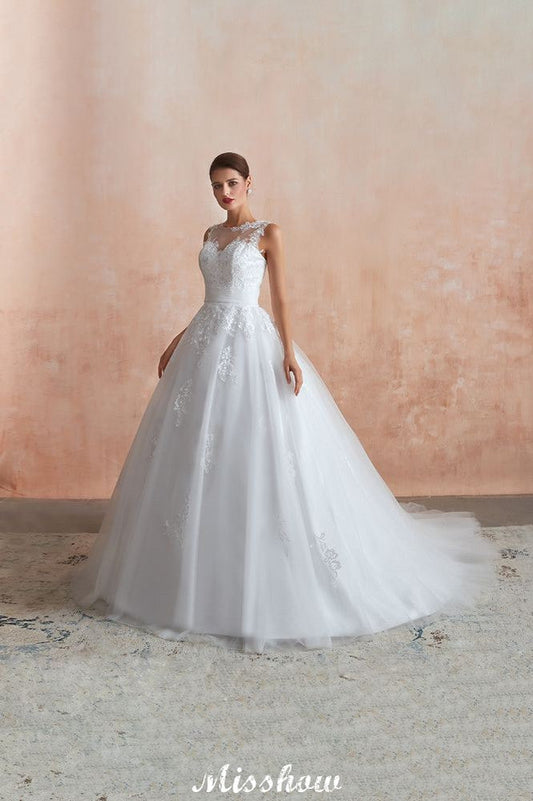 Weißes Brautkleid mit Illusionsausschnitt und ärmellosen Spitzenapplikationen online