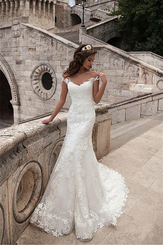 Illusion Neckline Lace Mermaid Long Wedding Dresses