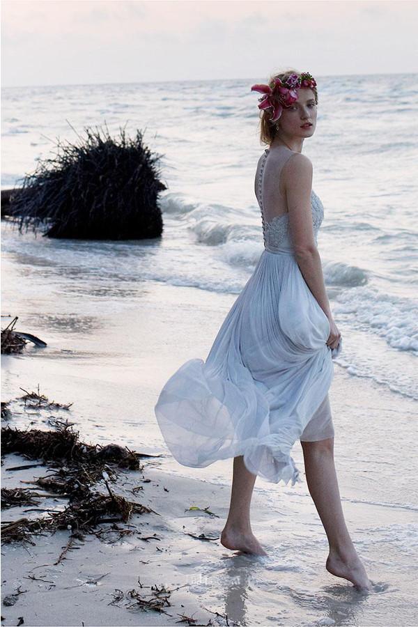 Illusionsausschnitt, transparenter Rücken, Strand-Spitzen-Chiffon-Brautkleid