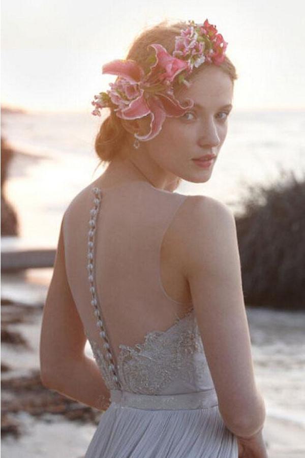 Illusionsausschnitt, transparenter Rücken, Strand-Spitzen-Chiffon-Brautkleid