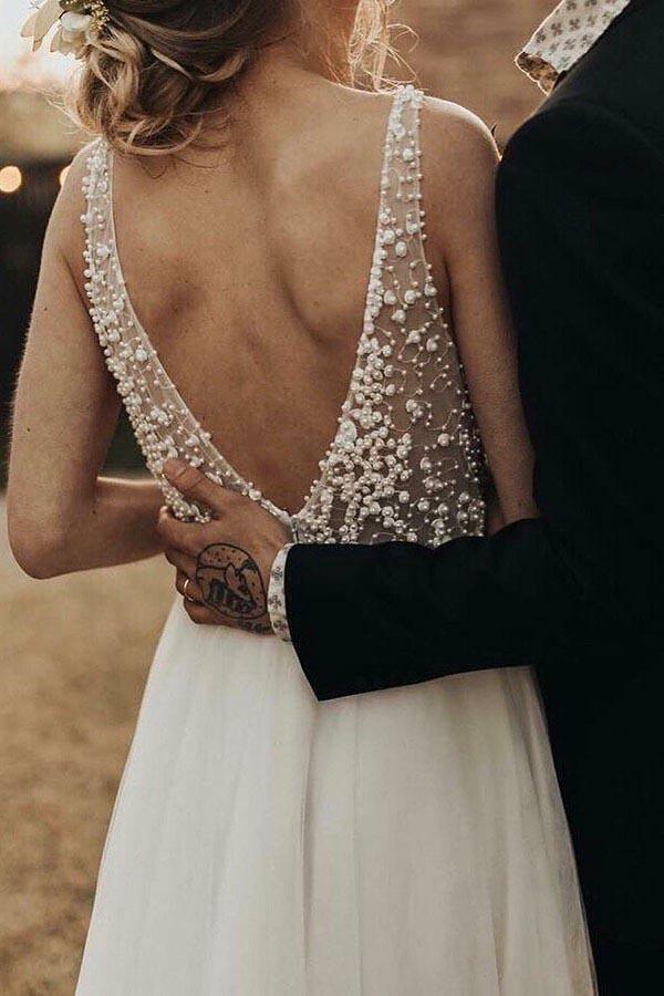 Elfenbein Strand Brautkleider Durchsichtiges Perlen Brautkleid