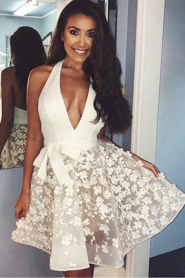 Ivory Lace Applique Halter Backless Homecoming Dresses Graduation Dress