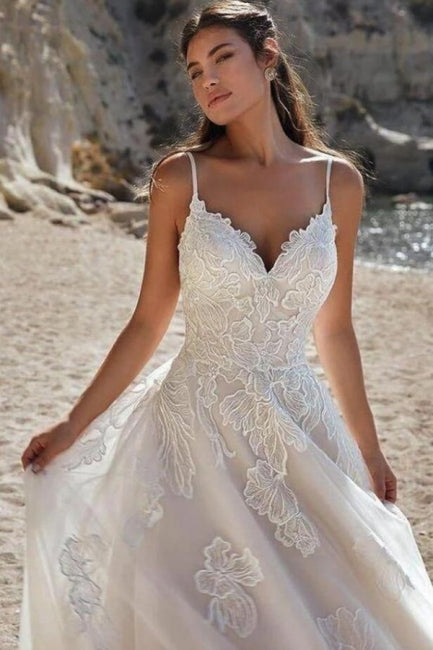 Elfenbeinfarbenes, bodenlanges A-Linien-Brautkleid mit Spaghettiträgern
