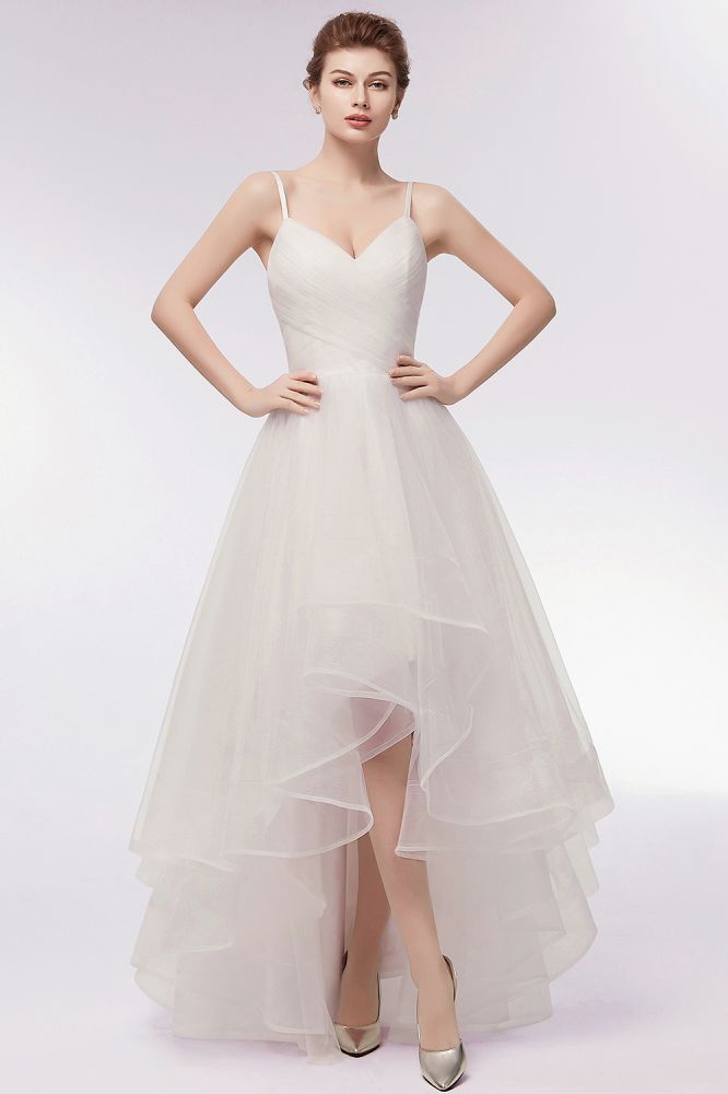 Elfenbeinfarbenes A-Linien-Brautkleid mit Spaghettiträgern und Rüschen