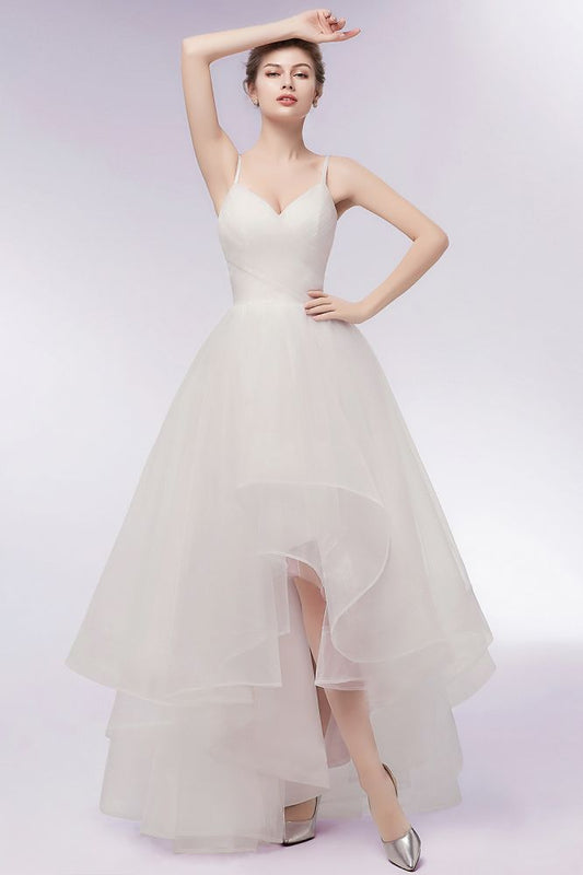 Elfenbeinfarbenes A-Linien-Brautkleid mit Spaghettiträgern und Rüschen