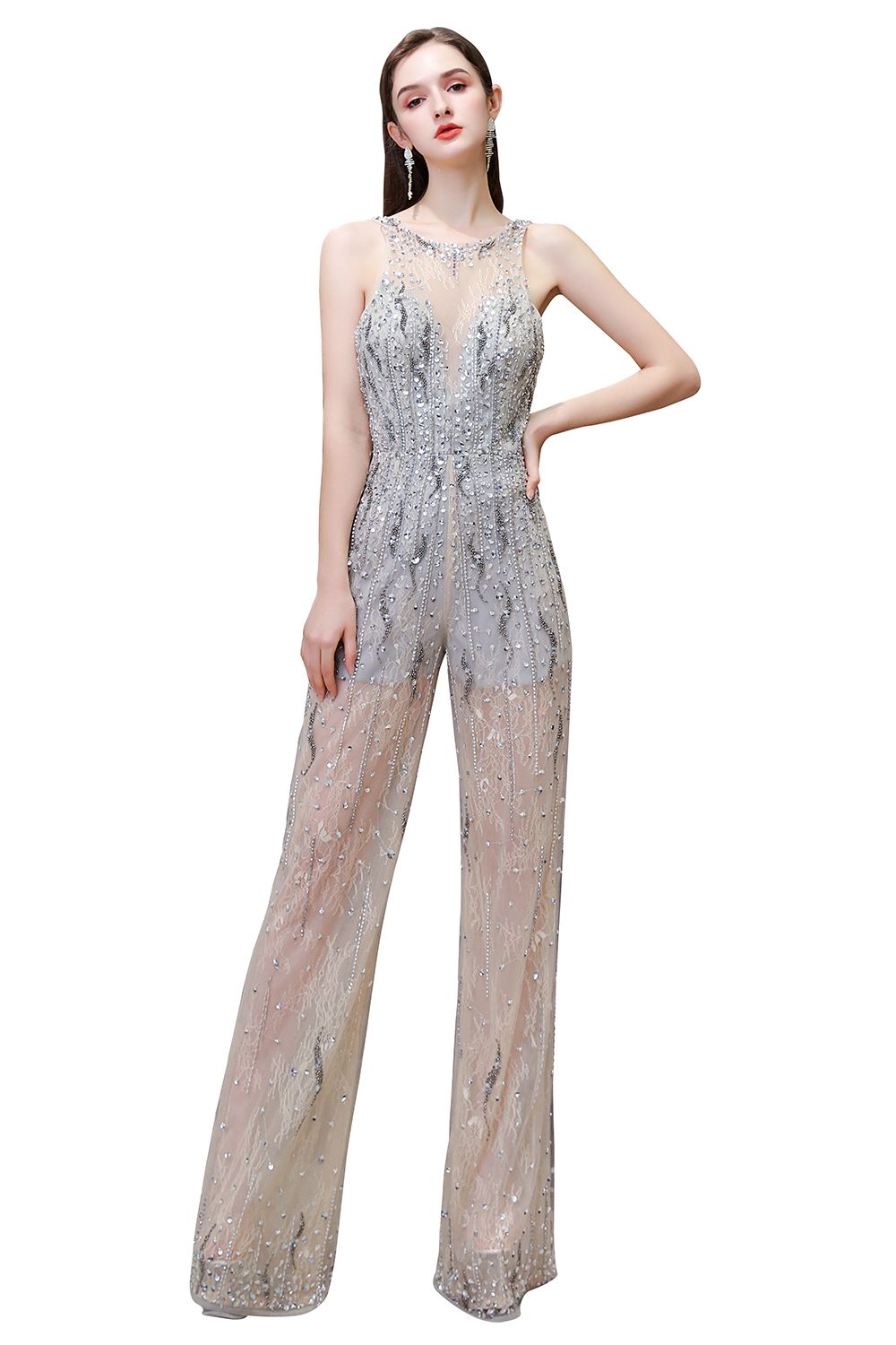 Jewel Ärmelloser Abend-Jumpsuit aus Tüll mit Pailletten