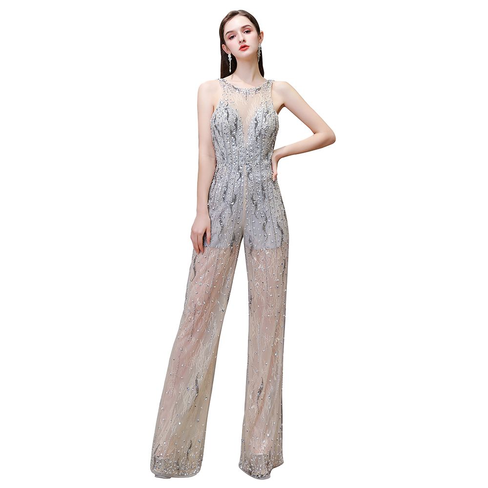 Jewel Ärmelloser Abend-Jumpsuit aus Tüll mit Pailletten