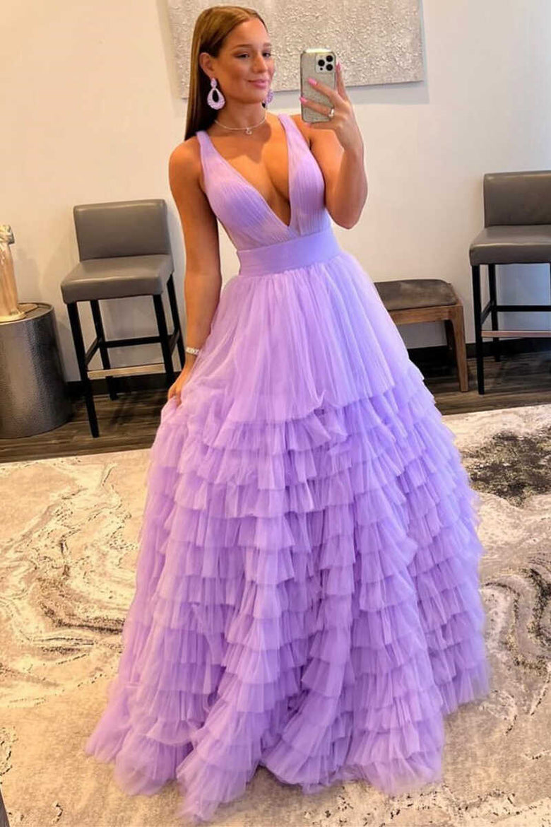 Roycebridal Reese | Vestido de fiesta largo de tul naranja con escote en V y corte A