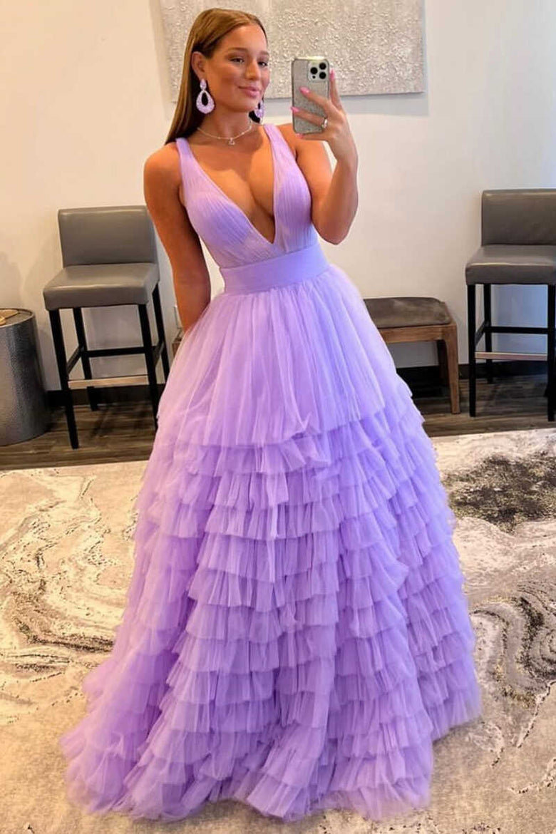 Roycebridal Reese | Vestido de fiesta largo de tul naranja con escote en V y corte A