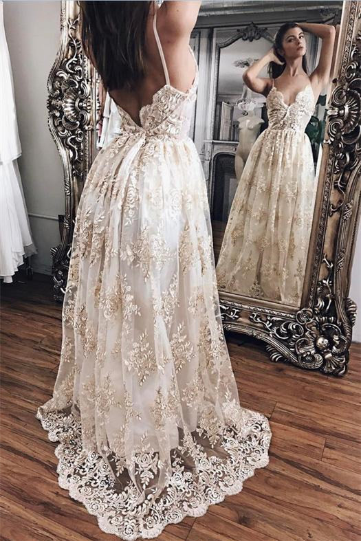 Elegantes Ballkleid mit Spitzenapplikationen und V-Ausschnitt, gestuftes rückenfreies ärmelloses Abendkleid