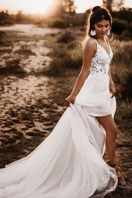 Lace Bodice V Neck Bridal Dresses Ivory Backless A Line Wedding Dresses