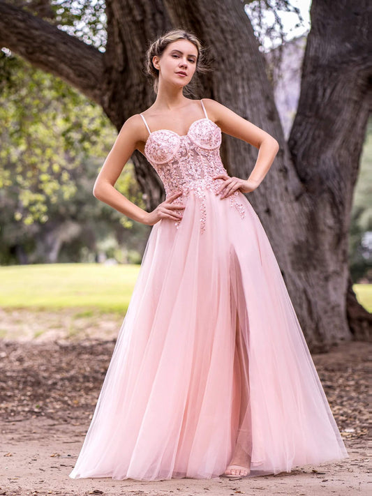 Vestido de fiesta de tul con corte A, tirantes finos, encaje, largo hasta el suelo y abertura