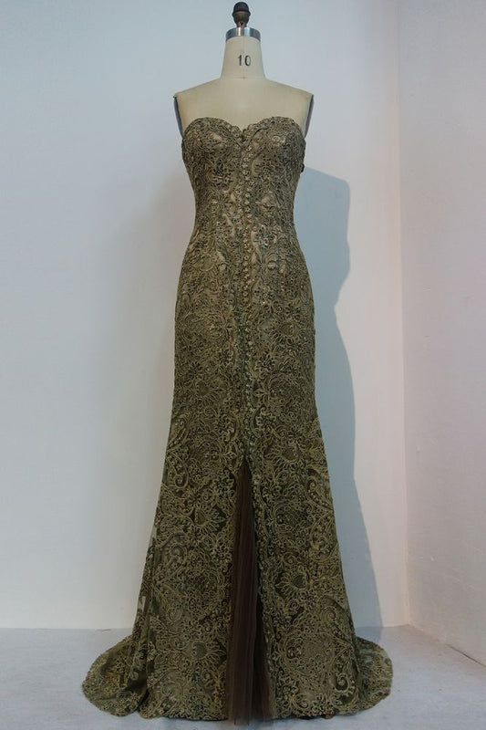 Vestidos de fiesta de encaje sin tirantes, corte sirena, escote corazón, hasta el suelo