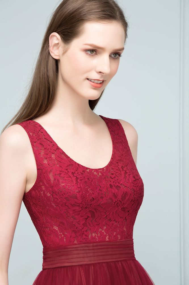 Lace Top Burgundy A-line Scoop Long Sleevless Tulle Prom Dresses
