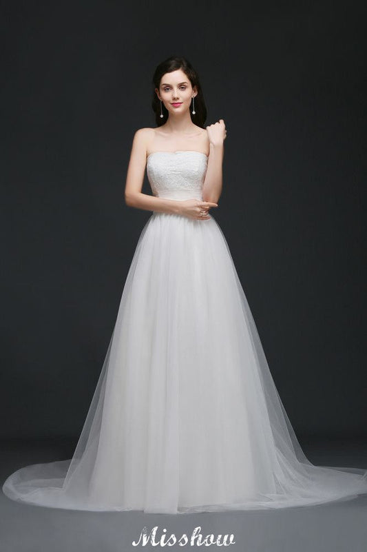 Trägerloses Brautkleid aus weißem Tüll in A-Linie