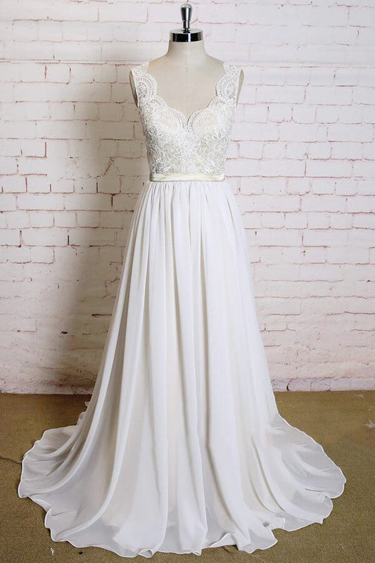 Neuestes langes A-Linien-Brautkleid aus Chiffon mit V-Ausschnitt und Spitze