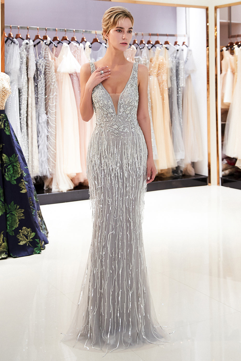 Latest Long Mermaid V neck Beading Fringe Tulle Evening Dress