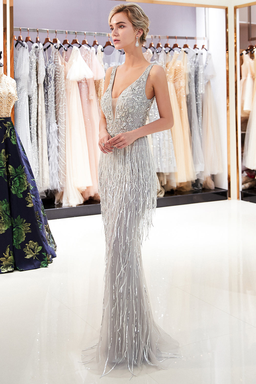 Latest Long Mermaid V neck Beading Fringe Tulle Evening Dress