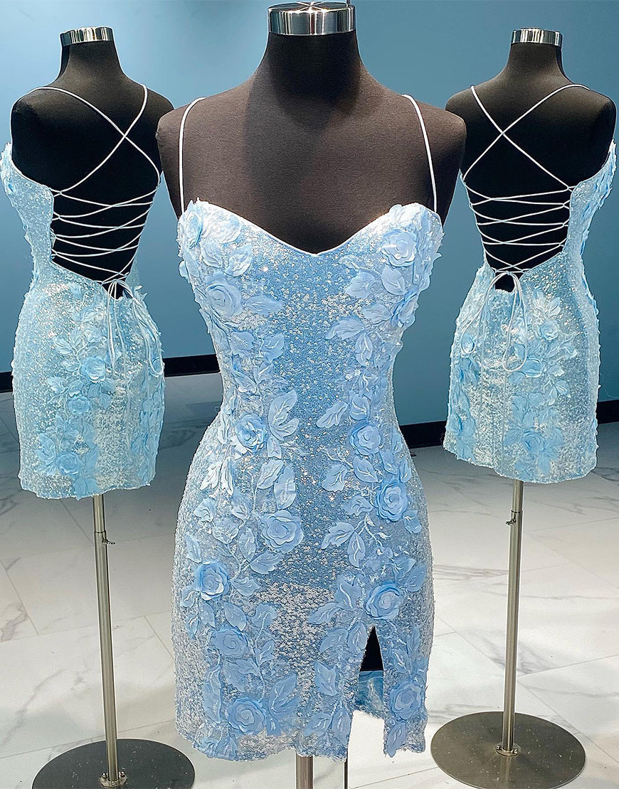 Etuikleid mit Pailletten, offenem Rücken und 3D-Blumen