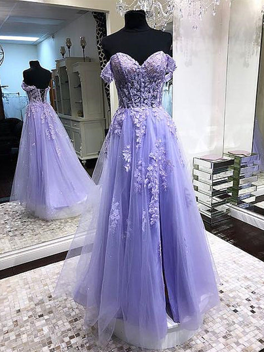 Lila langes A-Linien-Abendkleid mit schulterfreiem Tüll und Spitze