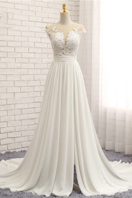 Langes A-Linien-Brautkleid aus Chiffon mit Applikationen und Spitze und Schlitz