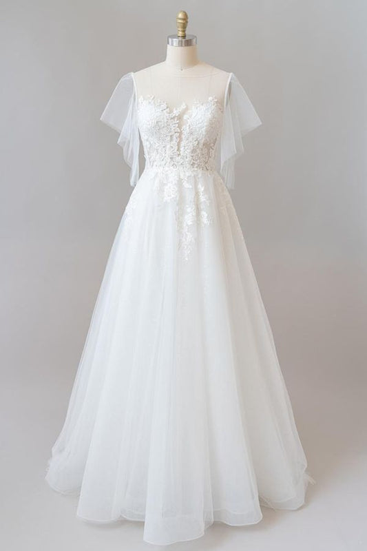 Langes A-Linien-Brautkleid aus Spitze und Tüll mit Applikationen und Ärmeln