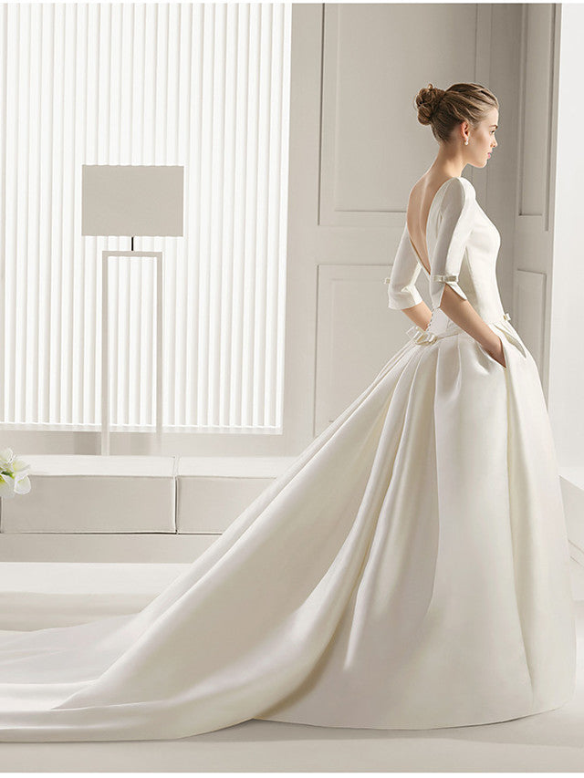 Long A-Line Bateau Neck Polyester Half Sleeve Backless Wedding Dresses with Pockets